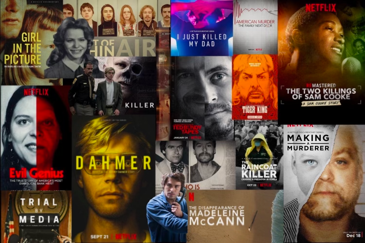 This collage features promotional images from various Netflix true crime documentaries. With the recent release of Monster: The Jeffrey Dahmer Story, Ive thought a lot about our societys consumption of true crime television, podcasts and videos. 
