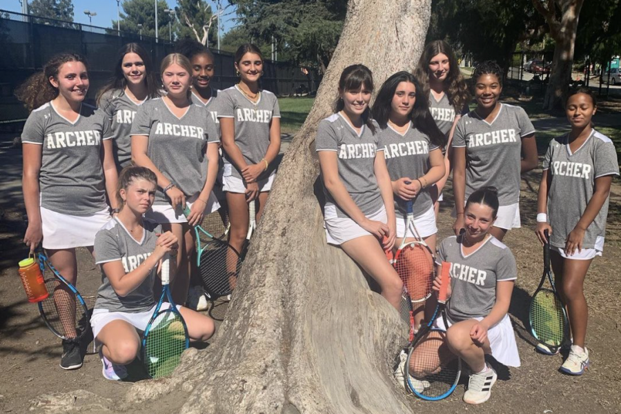 The+junior+varsity+tennis+team+pose+for+a+picture+after+a+victory+against+Marymount+where+they+won+16-2.+This+season%2C+the+team+has+played+two+matches+so+far+and+hold+a+record+of+1-1.%C2%A0