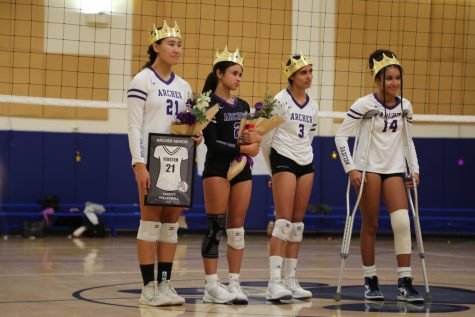 Seniors Dani Fenster, Maya Bajaj, Uma Bajaj and Kennedy Schultz line up on the court with some gifts following their game. (photo credit: Charlotte Tragos) 
