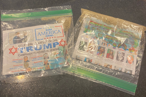 These antisemitic posters encased in plastic bags and weighed with sand were found in Beverly Hills Sunday. The Goyim Defense League, an antisemitic hate group, dispersed these Saturday night, and junior Stephanie Harrison said many of her neighbors found them in their backyards.