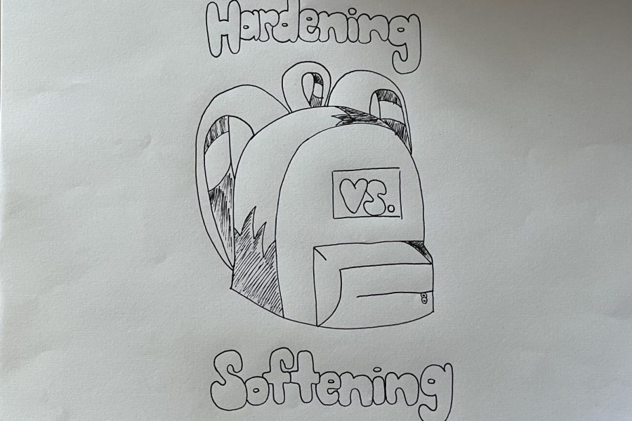 This drawing features a book bag and the phrases hardening and softening. There have been discussions on whether school environments should be hardened or softened as the number of school shootings in our nation keeps rising.