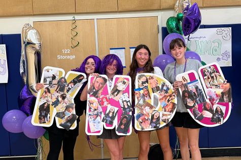 Seniors Rose Sarner, Sienna Ozar, Sydney Frank and Genevieve Sive pose for a photo dressed in purple accessories and hold posters of each volleyball seniors initial decorated with photos.