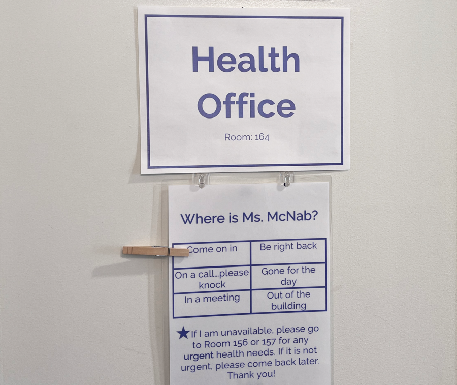 This sign placed on Nurse McNabs office door informs students of her whereabouts. Recently, theres been an increase in student absences within the Archer community due to the spread of viruses such as COVID-19. 