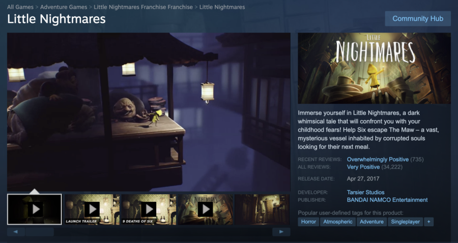 A screenshot of Little Nightmare’s profile on Steam, a popular video game marketplace. “Little Nightmares” is a 3D puzzle-platformer that follows the adventures of main character Six in an underground resort complex.