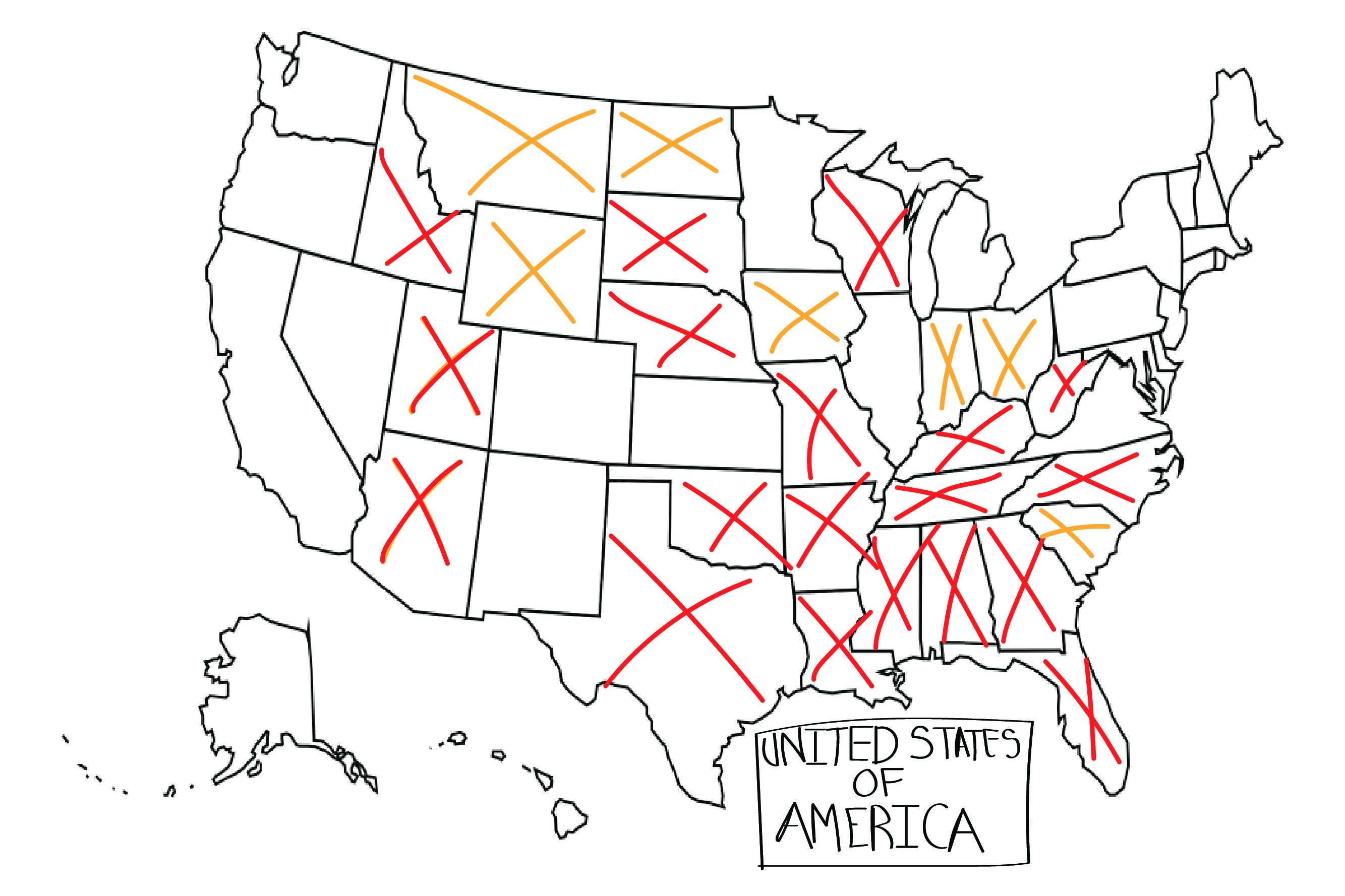 A map of the U.S. has states crossed out in orange or red. States with a red x have banned or heavily limited abortion, and states marked with orange an x have uncertain legal status regarding abortion. States where abortion is legal are left blank. My friends and I  have made maps like this after the Supreme Court overturned Roe v. Wade, the landmark case legalizing abortion, on June 24, 2022. At least 13 states have banned abortion as of December 2022. 