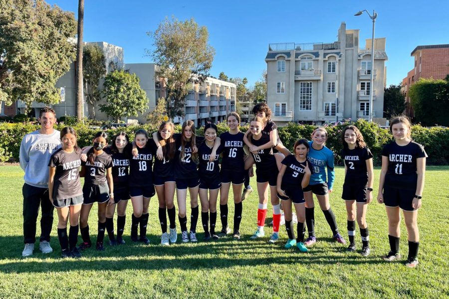 The middle school green soccer team poses for a photo after a game against The Brentwood Schools blue soccer team. Archer lost this game 3-4. It’s great because everyone is so nice to each other team member Edie Wyles (27) said. In the beginning of the game it doesnt really matter because at the end, we all just tried our best.
