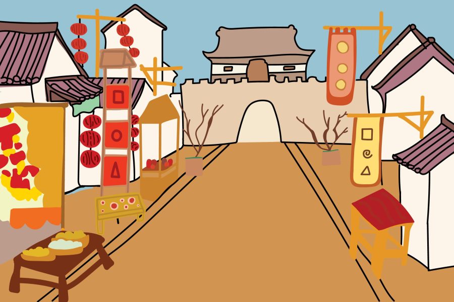 This image depicts Lunar New Year festivities in a town, but what has been a peaceful time for celebration in the past has recently become a call to action. Jan. 21., citizens of Monterey Park were killed in a mass shooting following a popular Lunar New Year festival in the neighborhood. Graphic illustration by Sydney Frank