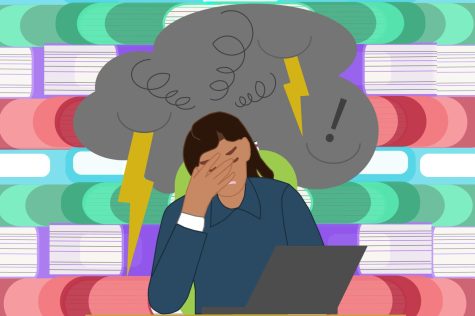 Like the student pictured above, students often experience stress during finals week and in the weeks leading up to it. As a community, we should work together to reduce our stress, especially towards the end of semesters. Graphic Design by Maia Alvarez