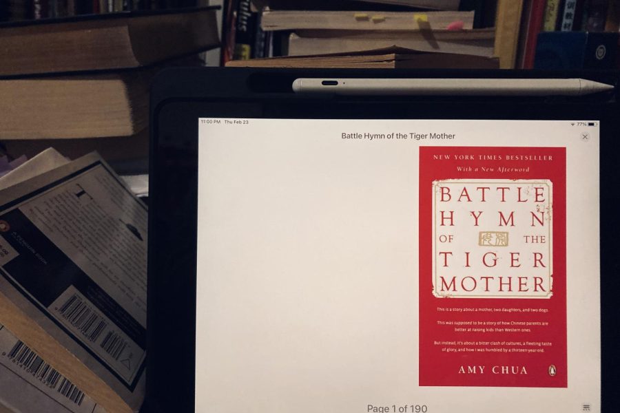 Amy Chua’s book, Battle Hymn of the Tiger Mother, is displayed on my iPad. Chuas novel forms an impact on the reader that is equally as powerful in its digital format as it is in its physical format.