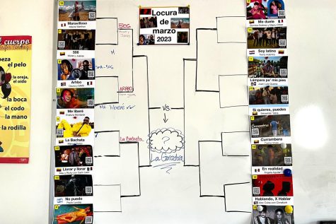 World language teacher Talia Geffen displays a large bracket on her classroom whiteboard that presents the different songs competing against each other to win this year’s Locura De Marzo. Geffen started incorporating Locura De Marzo into her curriculum in 2020 to make online learning more exciting and interactive for students.
