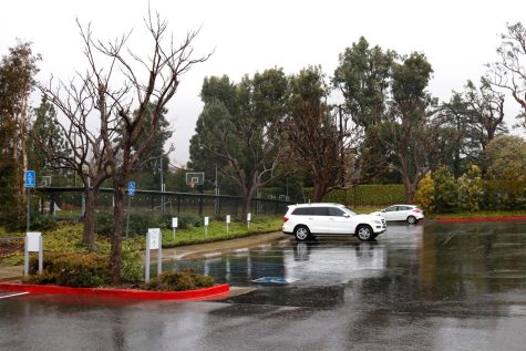 The road of Archers back parking lot is slick and covered with large puddles. This past week, Los Angeles has experienced rain, hail and a drop in temperature.