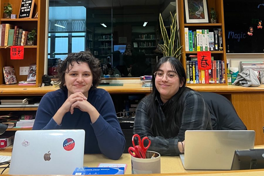 Office+Assistant+Sarah+Boehm+and+librarian+Denise+Hernandez+work+together+at+their+desk.+Lately%2C+they+have+been+working+on+planning+new+displays+and+developing+collections+to+promote+student+representation.