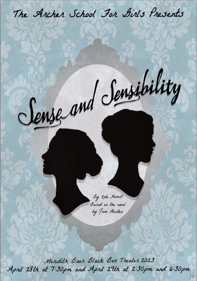 The official poster for Sense and Sensibility was seen around campus for weeks leading up to the production. Junior Sophia Bratman designed the poster and sweatshirts with a similar design that cast and crew members wore in celebration of the production. (Graphic Illustration by Sophia Bratman)