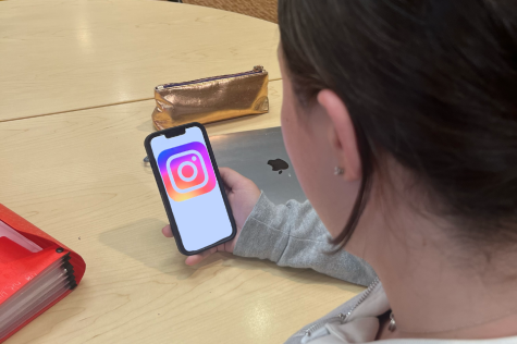 Freshman Avery Greene looks at Instagram on her phone. Out of 497 Archer students, 71 responded to the prompt "Peer pressure has an impact on my mental health," and 46.5% of responders strongly agreed. 