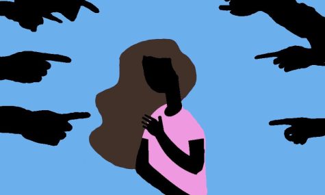 A graphic illustration depicts a teen girl being pointed at, feeling peer pressure. According to Firewall Times, 85% of high school students have felt peer pressure during middle or high school. (Graphic Illustration by Lola Thomas)
