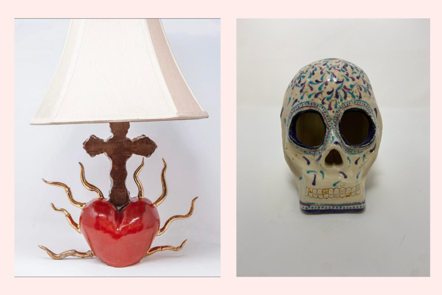 Junior Julissa Espinoza creates pieces inspired by different interests and cultural connections for her Advanced Ceramics class. The skull ceramic piece was inspired by Mexican artist Alfonso Castillo Orta, and the lamp was inspired by nature, specifically sun rays, as well as the symbol sagrado corazon. (Graphic Illustration by Audrey Chang)