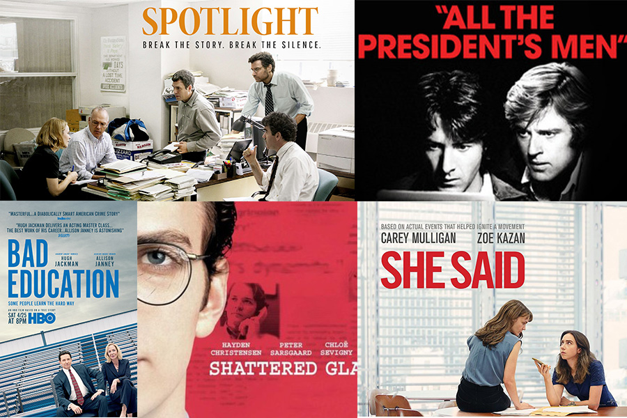 This graphic image contains promotional posters for five journalism films I believe are inspiring and powerful. These films range from the classic All the Presidents Men, which was revolutionary for the way it depicted journalism, to Bad Education, which emphasizes the power of student journalism in schools. (Graphic Illustration by Nina Sperling)