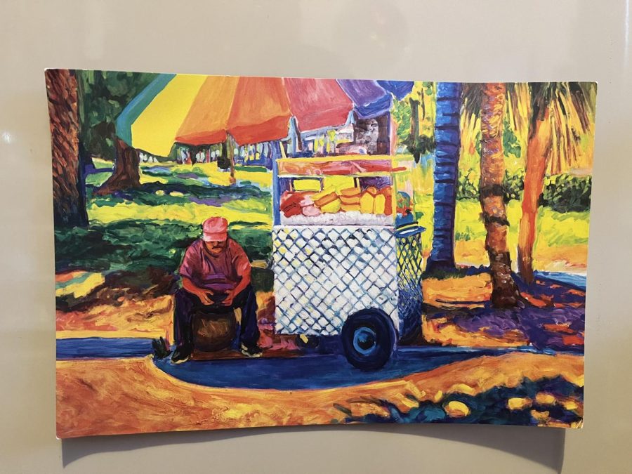 This is a postcard of a painting depicting a street vendor by Margaret Garcia. Street vendors around Los Angeles are common sights, yet not many know about the hardships a lot of them encounter.