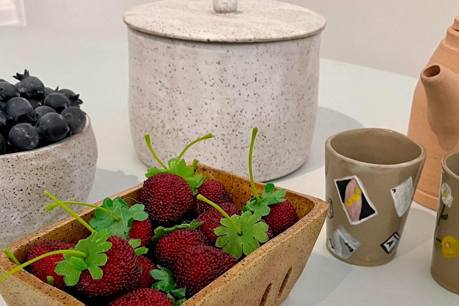 Strawberries, pots, blueberries and more fill the Eastern Star Gallery. Seniors Sara Steiner and Lily Prokop opened their ceramics show, Soirée, Wednesday, May 10.