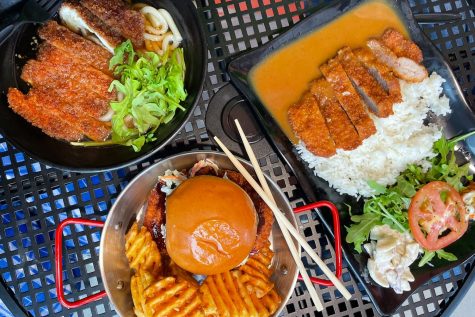 Pictured at the top left is black garlic udon with katsu, in the middle is the original katsu sandwich with waffle fries and at the top right is the curry plate. Each dish had a flavorful twist and created a wonderful culinary experience. (Photo credit: Tavi Memoli)