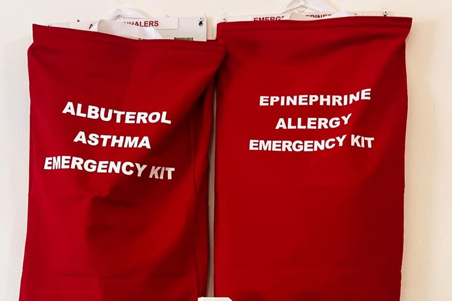 Two emergency kits hang in the nurses office. In 2021, 244 teenagers died from a fentanyl overdose.