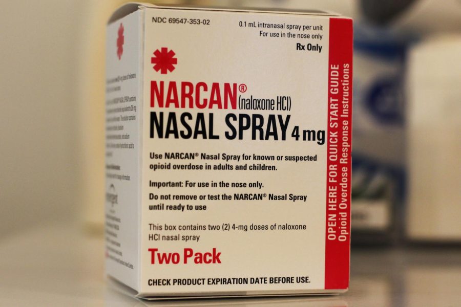 A box of Narcan sits in the nurses office. In 2021, 244 teenagers died from overdose. Narcan is a medicine that slows down the effects of an opioid overdose.
