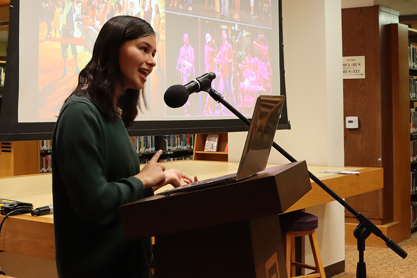 Senior Ella Poon recounts the power of theater for Latine Americans by highlighting everyday life in Washington Heights from the musical “In the Heights.” Archer’s annual Advanced Study Humanities Symposium was held in the library and Media Space Friday, May 19, from 8:30 a.m. to 2:40 p.m.