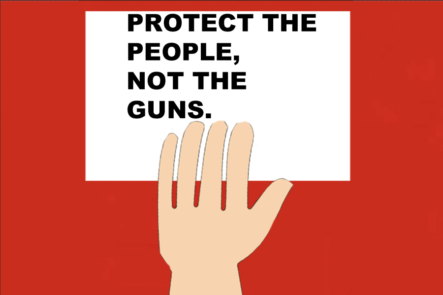 The hand holds a sign protesting against gun violence and advocating to increase gun control laws. In the U.S., there have been thousands of mass shootings just in the last nine years. (Graphic Illustration by Olivia Hallinan-Gan)