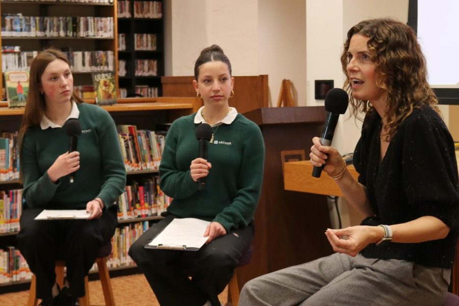 Sprinkles founder Candace Nelson speaks to upper school students about her entrepreneurial journey. Sophomores Ivy Woolenberg and Ella Dorfman hosted a Q&A during FLX block May 5.