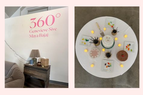 Seniors Genevieve Sive and Maya Bajaj display ceramic cakes and other pieces for their senior visual arts show, "360°." Their exhibit explored stages of childhood and adulthood and the coexistence of these stages of life. (Graphic Illustration by Audrey Chang)