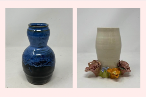 Junior Lila Paschall creates vases in her advanced ceramics class. She glazed one vase with black and oasis blue glaze, and for her independent project, she constructed a clear glazed vase with sculpted flowers around the sides.