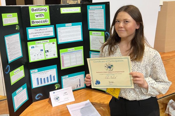 Freshman Ella Tulloch presents at the Los Angeles County Science Fair, where she placed first in pharmacology March 13. Tulloch made it into the top 300 Junior Innovators out of 1,828 in the 2023 Thermo Fisher Scientific Junior Innovators Challenge.