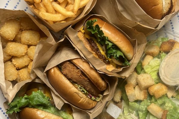 Pictured are the tater tots, fries, Caesar salad, “Single Burg’r” and “Deluxe Crispy Chick’n” from Hart House. The fast food restaurant is completely plant-based and has four locations across L.A.