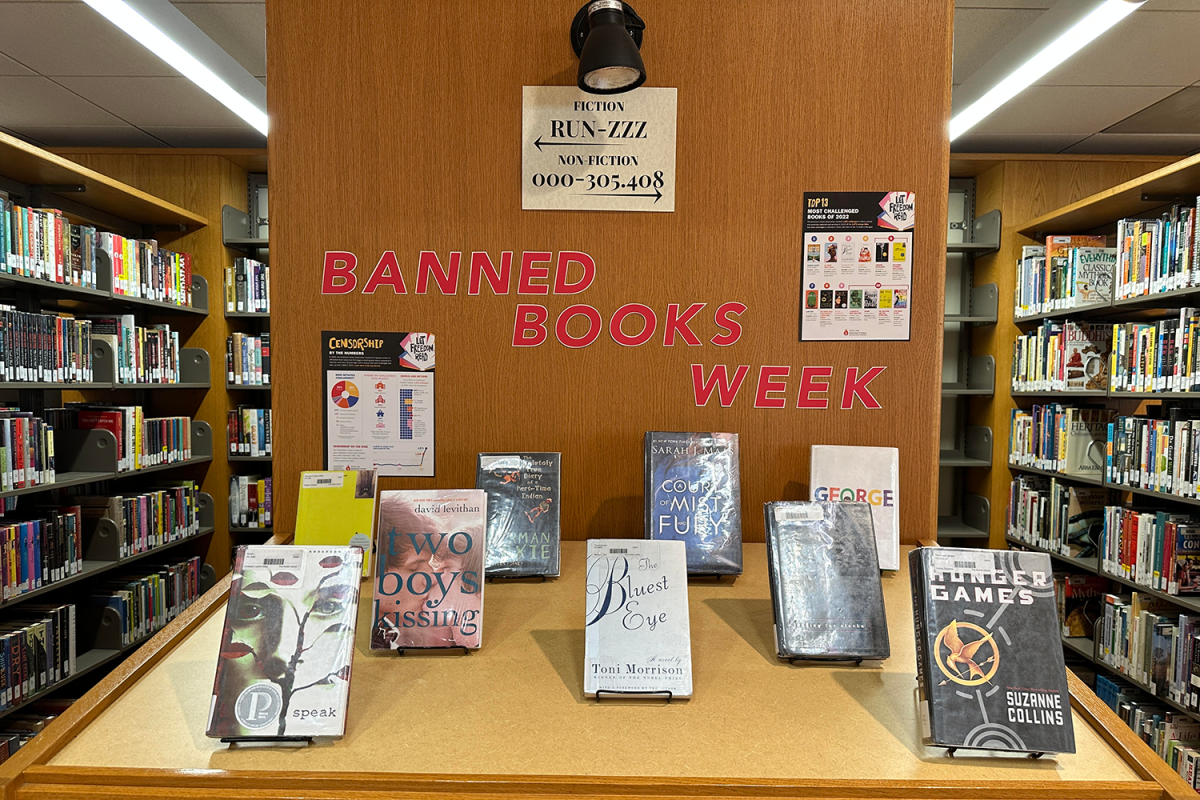 The+librarys+display+for+Banned+Books+Week+features+books+that+have+been+banned+or+challenged%2C+including+The+Hunger+Games%2C+The+Bluest+Eye+and+Speak.+Librarian+Denise+Hernandez+said+the+display+was+meant+to+raise+awareness+about+censorship+across+the+country.+