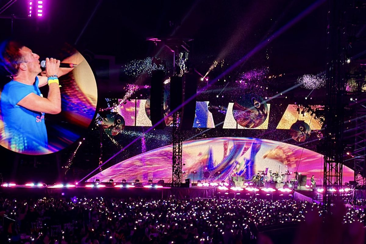 Coldplay performs “My Universe” at the Rose Bowl Stadium Oct. 1. The concert included vibrant lights and fireworks that lit up the stadium, making it look magical and surreal.