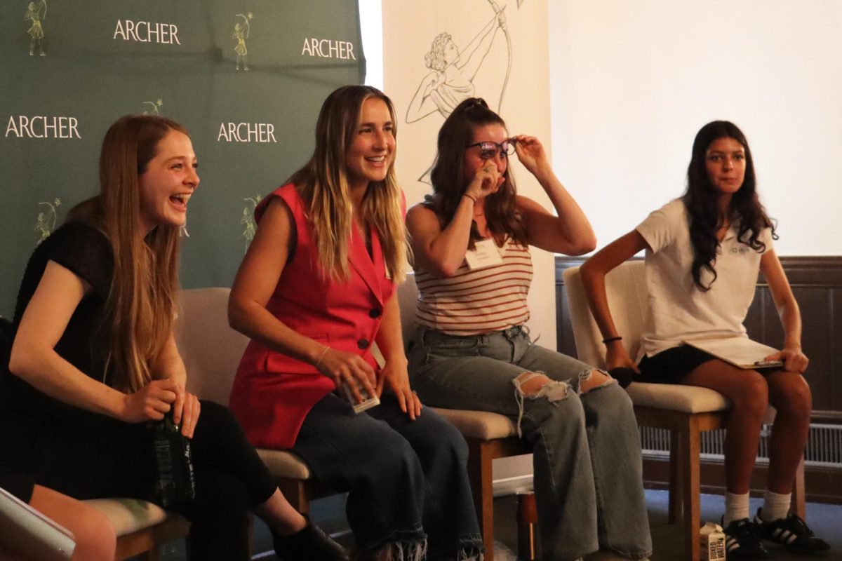 Founder of cookie dough company Sweet Loren’s Loren Castle, body acceptance coach Debbie Saroufim, Archer alumna, psychologist and life coach for girls Olivia Tiffany (09) and Shanthi Seth (27) smile as the audience asks questions at the end of a panel on mental health and well-being. The panel was mandatory for upper school students and took place Monday, Oct. 16.