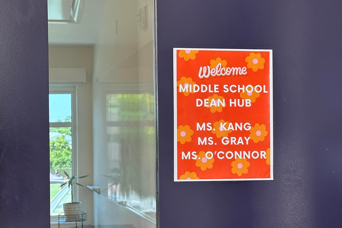 A sign on the door of room 228 displays the names of the three middle school Deans of Culture, Community and Belonging. These new positions were implemented at the start of the year, and the DCCBs have further developed the mentorship curriculum and have started cultivating connection and belonging at each grade level.