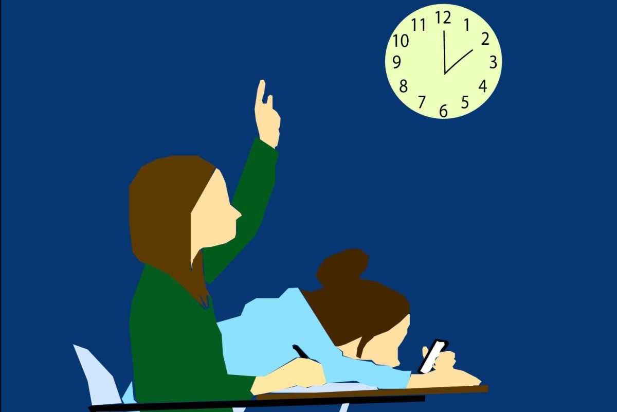 A graphic illustration depicts two students at school; one is actively engaging in class after a getting full night of sleep, and the other is slumped over while scrolling on their phone, exhausted and sleep deprived. Sleeping for at least eight hours every 24 hours is essential for students, however, many of them are sleep deprived due to poor sleep hygiene, stress or trouble falling asleep. (Graphic Illustration by Emily Paschall) 