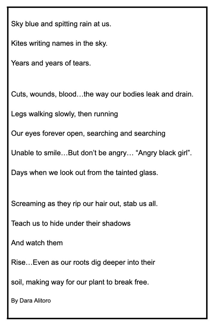 Above is Alitoro's full poem. She used these words to represent some of her personal experiences. 