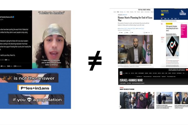 On the left, TikTok videos and an X post display content promoting hate speech and false information surrounding the Israel-Hamas War. On the right, The Guardian, Associated Press and The Wall Street Journal depict accurate, fact-checked news stories detailing updates for the war. The two sides are separated by an unequal sign, demonstrating the importance of not relying on social media as a news source for this conflict. (Graphic Illustration by Allie Yang)