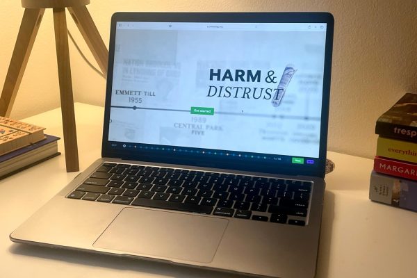 A laptop screen displays the Checkology “Harm and Distrust” module. The Oracle staff recently completed this module, new for this school year, to further equip them to report ethically and truthfully. The module focused on some of the historical biases and lack of equal representation in American journalism, as well as how news organizations have been working towards greater inclusivity and equality.