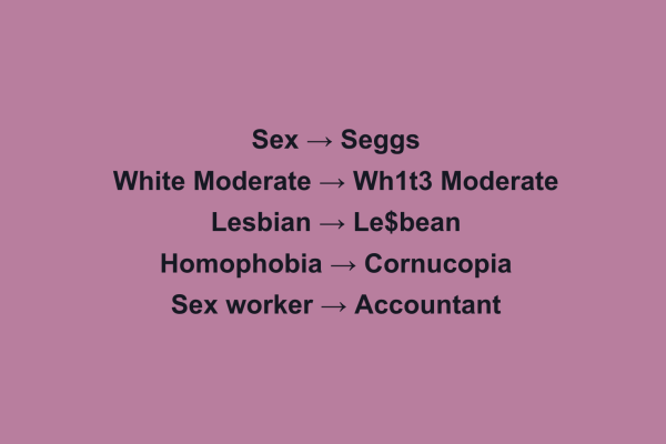 This image displays several words, some of which relate to topics of gender and race. Arrows indicate their translation into Algospeak, the unofficial TikTok dialect used to skirt content moderation bans. (Graphic Illustration by Allie Yang)