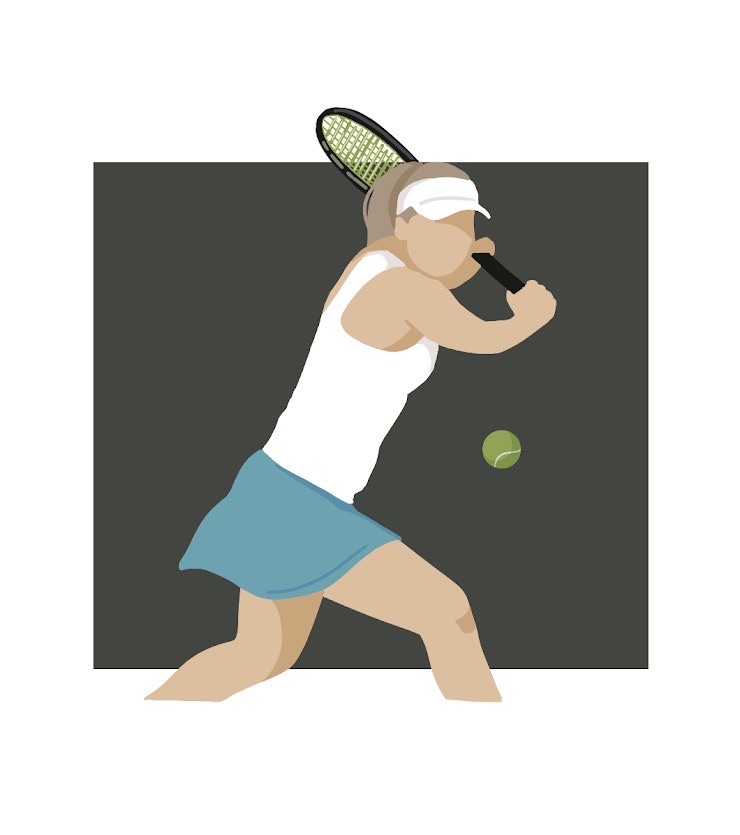 An image displays Amanda Fink playing tennis as part of USCs womens tennis team from 2006 to 2010. Fitness and wellness teacher Jamie Fink said she learned from her sister on how to enjoy a sport and saw her as a role model as an athlete and person. (Graphic Illustration by Bernice Wong)