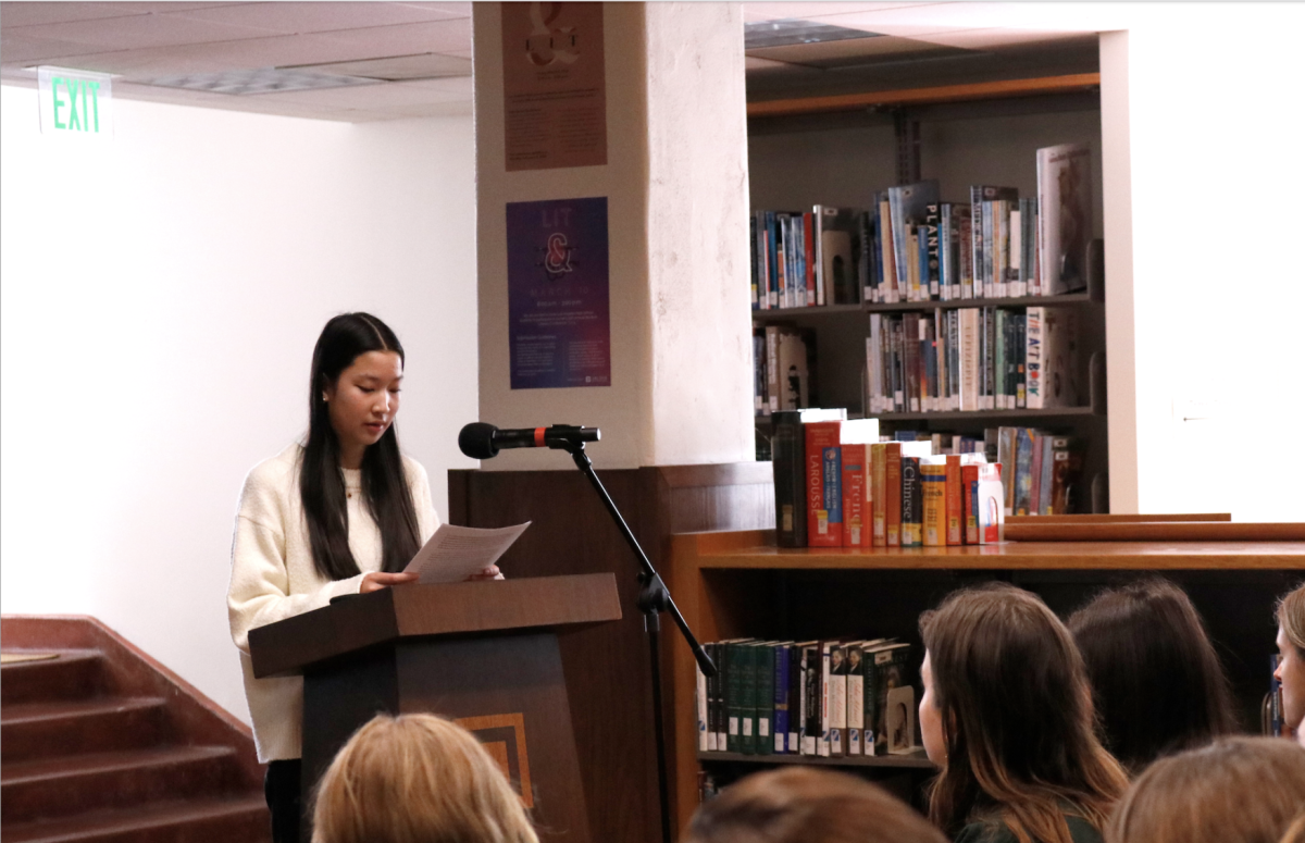 Kaitlyn Lavichant from Flintridge Preparatory School shares her piece, “Life Through a Digital Camera,” at the annual Literature &... Conference Friday, March 8. The conference took place in the library from 8 a.m. to 3 p.m., and upper school students were invited to attend during their free periods or English classes throughout the day.