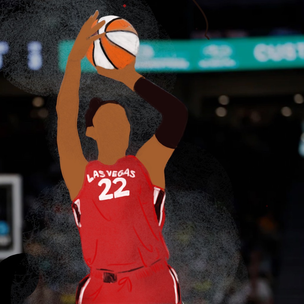 An image displays Aja Wilson shooting a basketball at a game with Las Vegas Aces. Fitness and wellness teacher and Archer basketball coach Dani LeNoir said collegiate basketball seen a rise in popularity and media coverage. (Graphic Illustration by Bernice Wong)