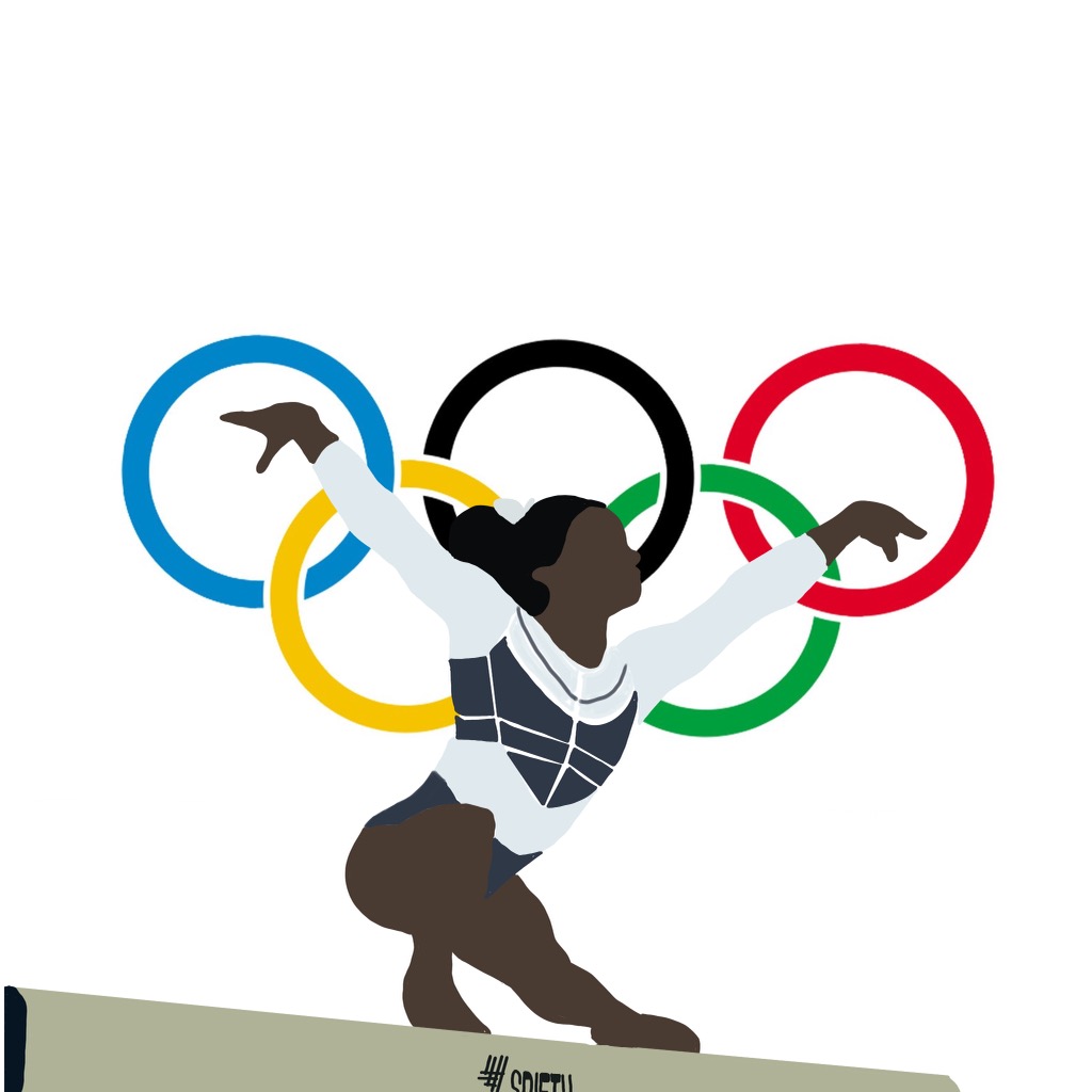 This image demonstrates Simone Biles performing on the balance beam during the U.S. Classic on Aug. 5 in Chicago last year. Fitness and wellness teacher Valerie Moncada said she is inspired by Biles’ ability to perform skills that usually only men can do. (Graphic Illustration by Bernice Wong)
