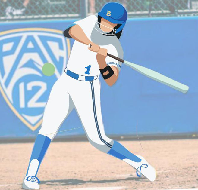 An image shows Maya Brady hitting a softball at a Pac-12 softball tournament. Cleo Wilson (27) said she admires Bradys state of mind of constantly finding ways to improve in her sport. (Graphic Illustration by Bernice Wong)