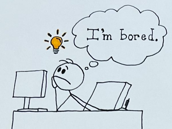 A person sits at their desk feeling very bored, unaware that they are about to come up with a great invention and realization. This image represents the power of boredom to enhance our creativity and mental health, especially as society vies for our time and attention with endless distractions and entertainment. (Graphic Illustration by Lila Paschall)