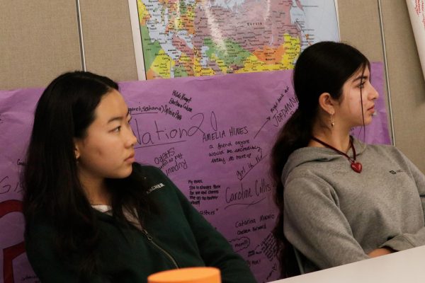 Ninth grade students Ashley Chan and Catalina López-Sánchez join the second ArtemisEngage discussion Friday, April 19. The discussion focused on Floridas new social media bill creating restrictions on minors under 15s accounts.