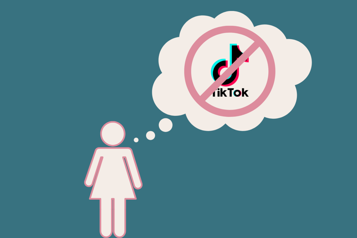 A silhouette of a woman stands with a thought bubble about the ban of TikTok. As legislation proposing changes to the owners and future of TikTok in the United States passes through the House, we are facing the possibility of a TikTok-less life, but it may be different than you think. (Graphic Illustration by Oona Seppala) 